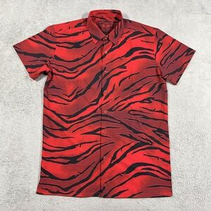 Retro Rifle Shirt Mens Medium Tiger Strips Red Black Button Up Short Sleeve